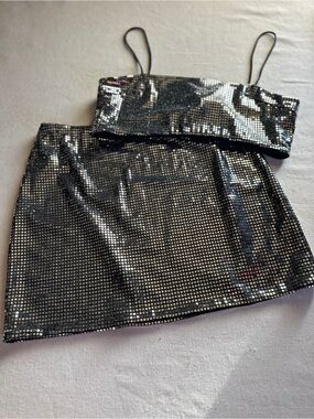 Princess Polly "Riego" Silver Sequin Matching Two-Piece Crop Top & Mini Skirt Se